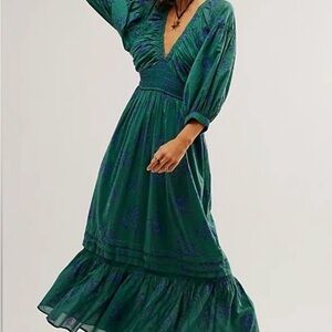 Free People Teal Floral Long Sleeve Dress
